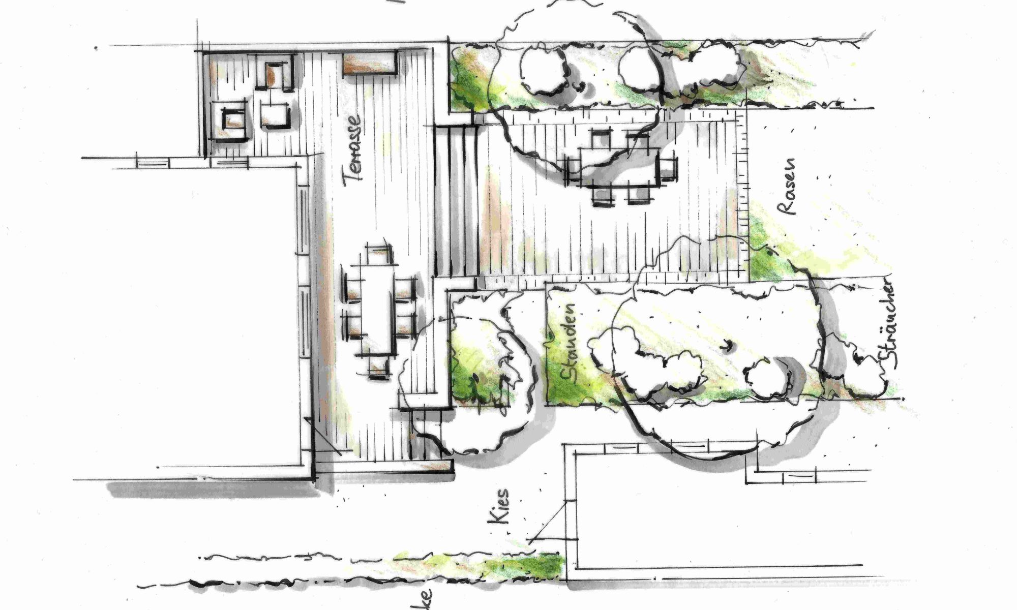 Foto von einem handgezeichneten Gartenplan im Grundriss dargestellt