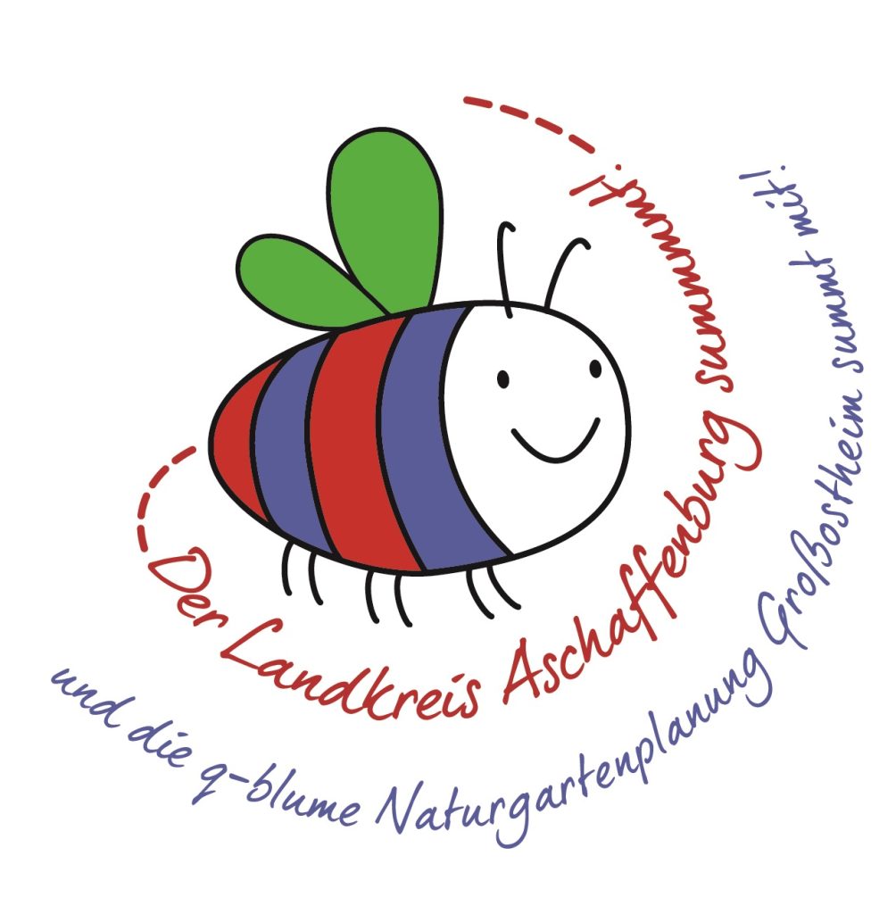 Das Foto mit dem Logo "Der Landkreis Aschaffenburg summt! Und die q-blume Naturgartenplanung Großostheim summt mit!"